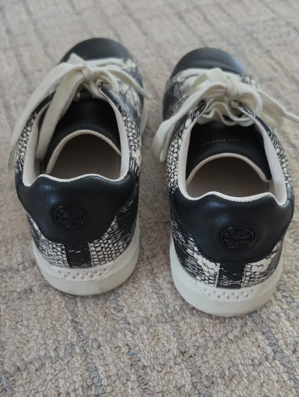 Tory Burch Black and Cream Textured Leather Lace-Up Sneakers